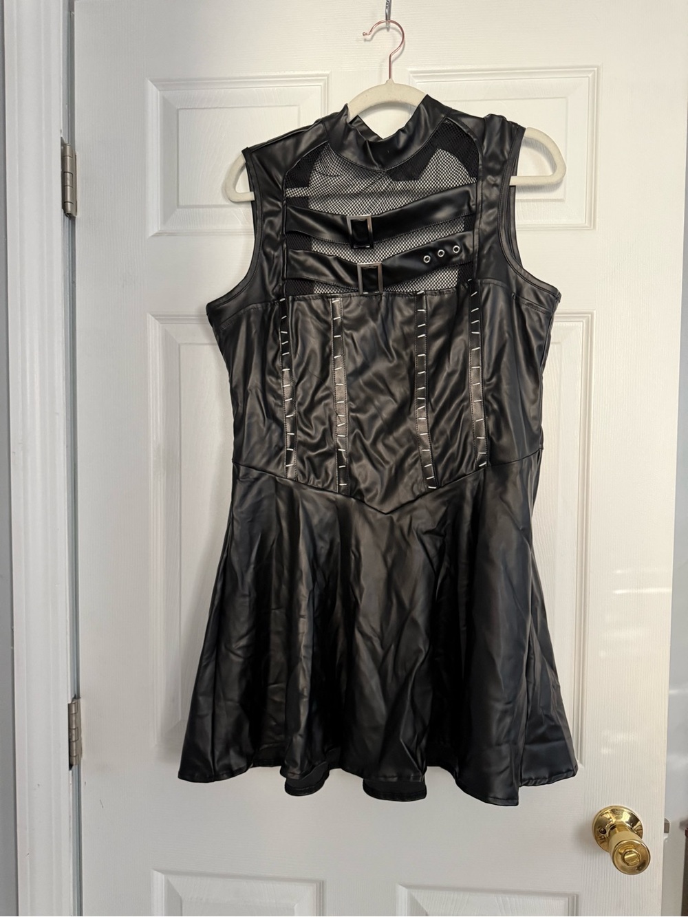 Batman Black Faux Leather Mini Dress with Mesh and Buckle Accents